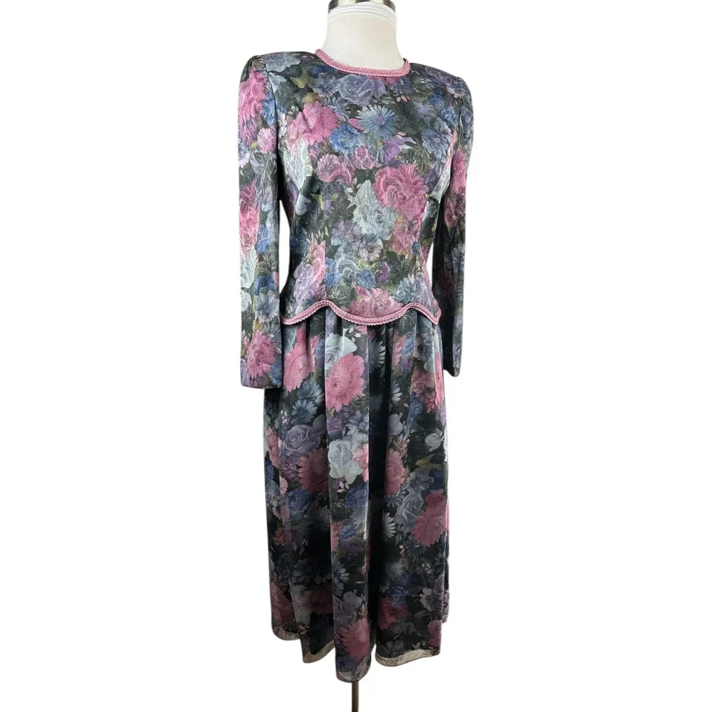 Vintage Unbranded Floral Peplum Dress Secretary Romantic Prairie Layered Size 16 - Picture 3 of 16